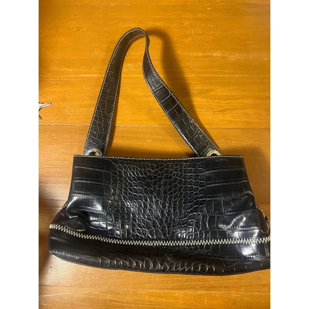 Tommy Hilfiger Black Croc Embossed Shoulder Bag White Contrast Stitch Baguette
